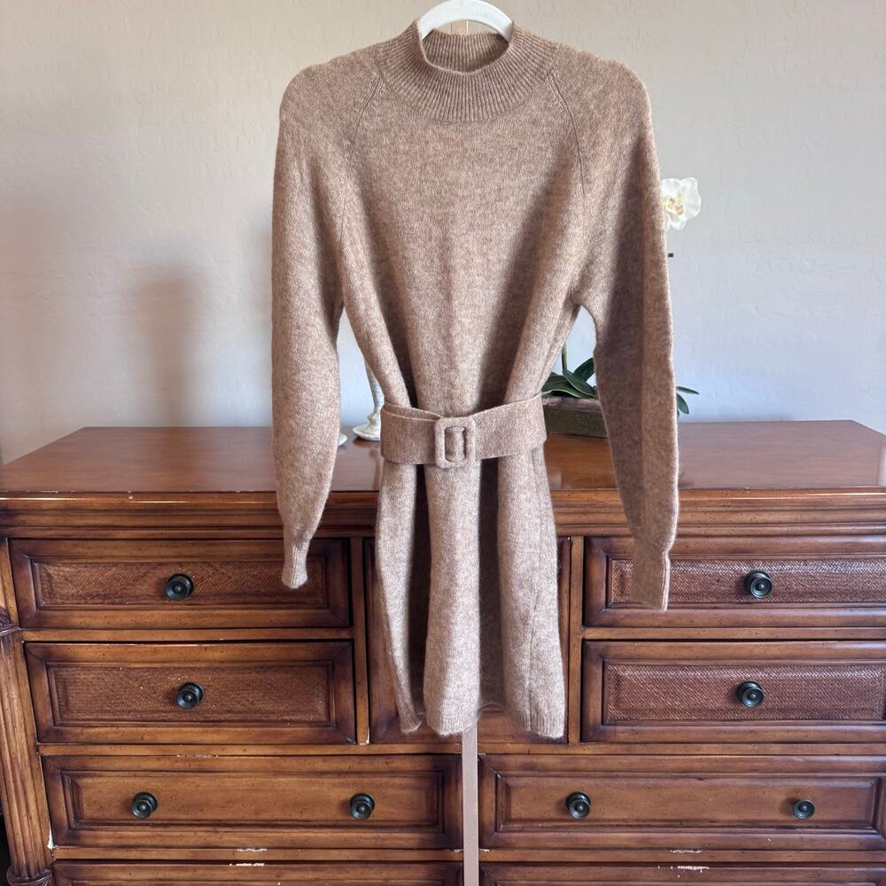 Sézane Enola Dress Light Camel Mohair Wool Belted Mini Dress M NWT - Picture 2 of 14